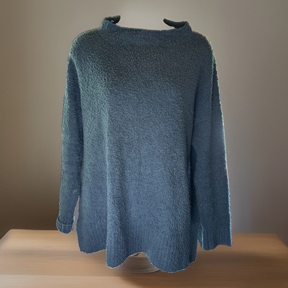 Eileen Fisher Blue Solid Bouclé Textured Knit Mock Neck Pullover Sweater S